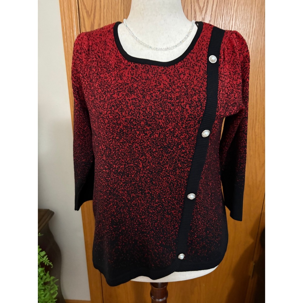 Adrienne Vittadini Red Black Metallic Ombre Knit Top Pearl Button Detail Large